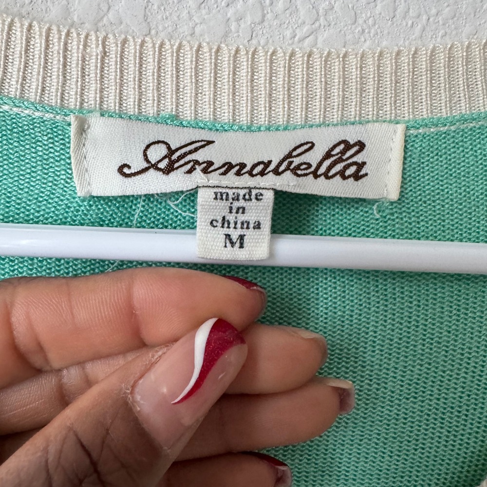 Annabella Mint Green Cream Contrast Trim Flower Button V-Neck Cardigan Sweater M - Picture 2 of 3